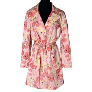 APOSTROPHE Pink Floral Posey Trench Coat Knee Length Pockets Buttons Size XL 18